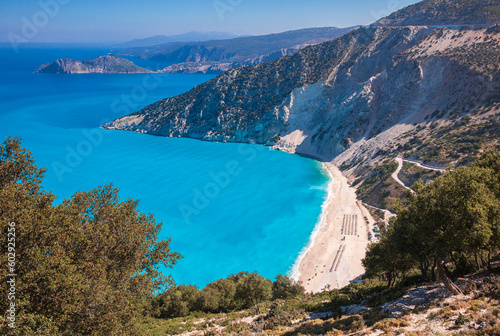 Myrtos Beach, Kefalonia island, Ionian sea, Greece. View from the coast road in summer. 