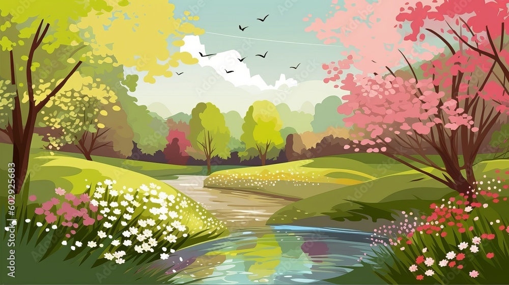 A vibrant spring scene, blooming flowers of various colors covering the ground, tall trees with fresh green leaves in the background, a gentle breeze blowing, a small stream flowing, Generative AI