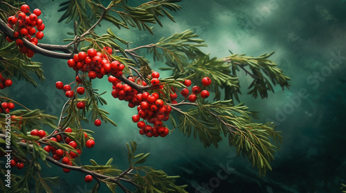 Evergreen tree branch and red berries