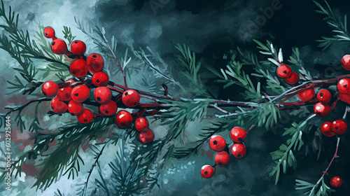 Evergreen tree branch and red berries photo