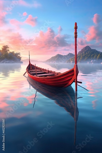 Beautiful view of traditional wooden rowing boat on scenic lake at sunrise. Generative AI
