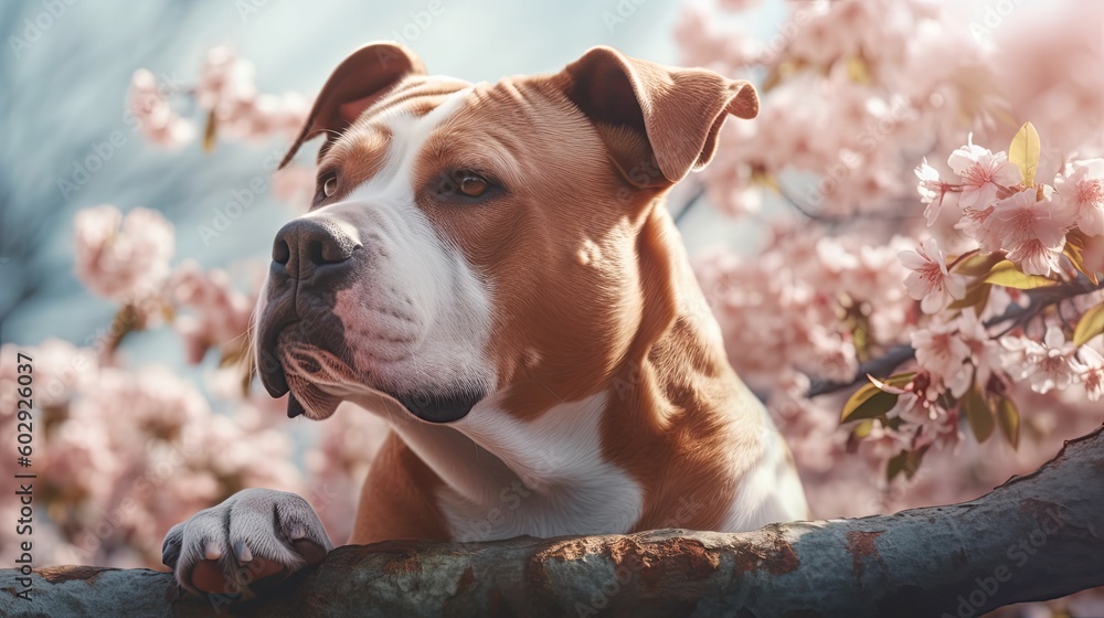 Dog looks closely with pink sakura branch on background. Cute dog in nature illustration. Generative AI