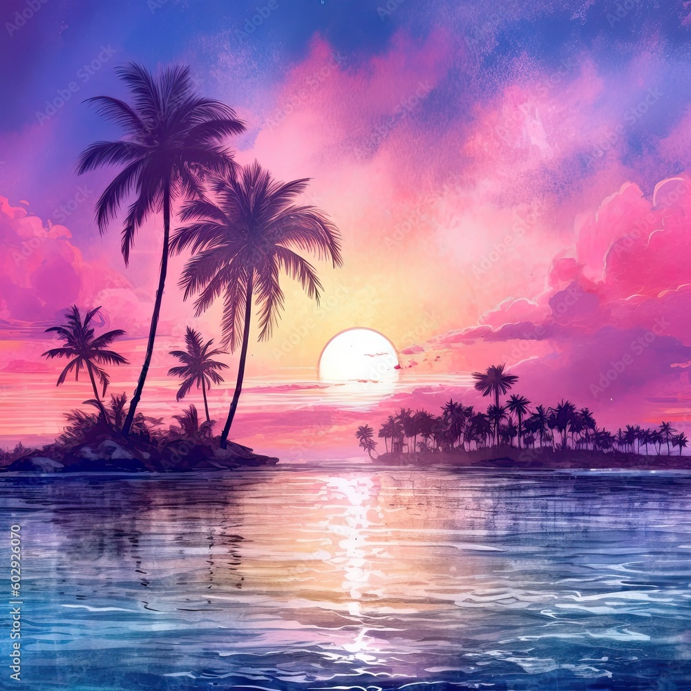 Coconut palms at pink tropical sunset over calm sea. Generative AI