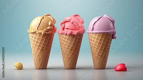 Ice cream in waffle cone icon. Strawberry, vanilla flavors. Cartoon dessert illustration. Generative AI