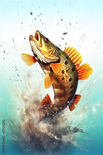 Zander fish. Pike perch river fish jumping out of water. Generative AI