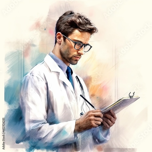 Male doctor with stethoscope in uniform taking notes to clipboard in hospital corridor. Generative AI