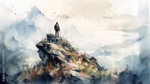 Man hiking on top of a rock mountain peak. Travel landscape. Generative AI