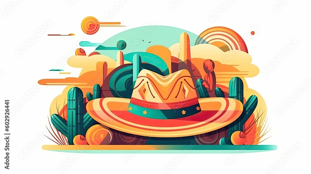 Fototapeta premium Mexican sombrero with cactus background. Mexico holiday illustration. Generative AI