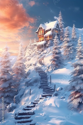 Snow realistic landscape background with showfall. Generative AI © tanyastock