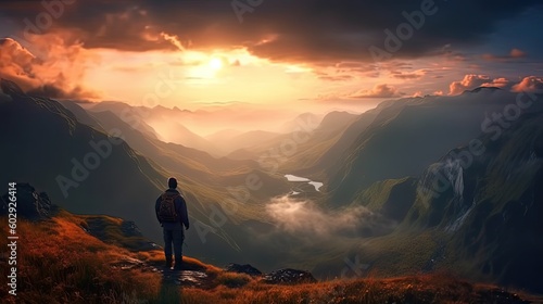 Man on the mountain peak looking on mountain valley with low clouds at colorful sunset. Generative AI