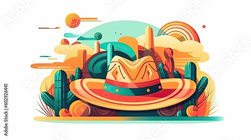 Mexican sombrero with cactus background. Mexico holiday illustration. Generative AI