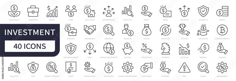 Investment line icon set. Investment, Profit, Asset, Investor, Portfolio, Dividend, Capital, Risk, Inflation icons vector Investment line icon set. Investment, Profit, Asset, Investor, Portfolio, Dividend, Capital, Risk, Inflation icons vector