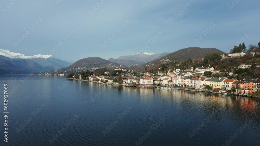 Beautiful village on Lake Orta shores, Italy. Aerial forward and space for copy Beautiful village on Lake Orta shores, Italy. Aerial forward and space for copy