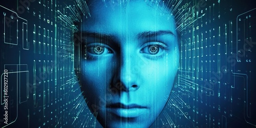 Human face on the background of the matrix. Background with computer binary code and hidden face watching. Metaverse, artificial intelligence AI concept. Generative AI