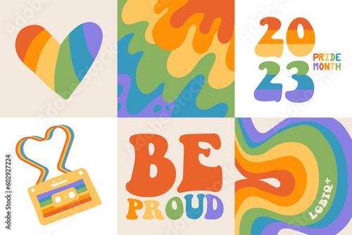Pride month square greeting cards set with rainbow and gay vibes phrase in retro groovy 60s 70s style. Collaction of queer banners with mid century rainbow color. Flat Vector illustration.