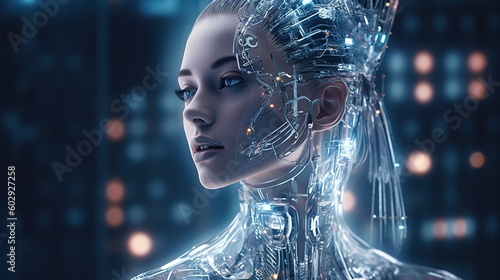 A beautiful iridescent woman cyborg with intricate wiring and circuitry on her skin. Cyberpunk, android robot bionic. Female artificial intelligence. Science fiction chrome robot girl. Generative AI