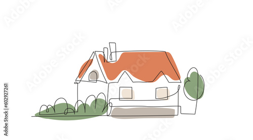 House in continuous line art drawing style with organic color shapes