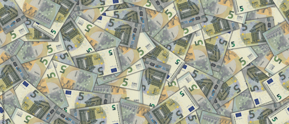 Financial European illustration. Seamless pattern. Randomly scattered paper banknotes of 5 euros. Wallpaper or background. Financial European illustration. Seamless pattern. Randomly scattered paper banknotes of 5 euros. Wallpaper or background.