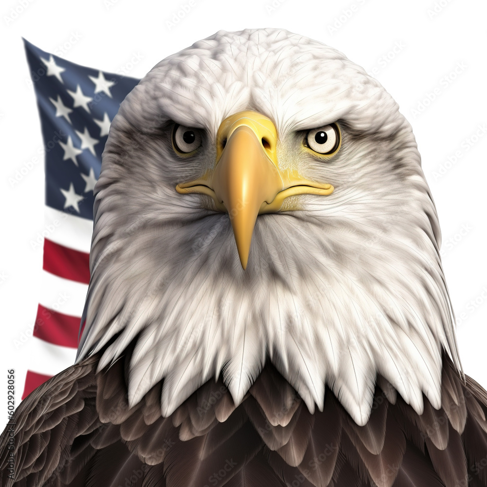 Obraz premium illustration of a majestic eagle head in front of the American flag on transparent background, patriotic concept