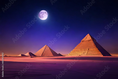 Night futuristic neon Egypt city with pyramid background. Dark cyber architecture in desert landscape with landmark. Illuminated purple ancient environment. Cairo dream cityscape with moon glow