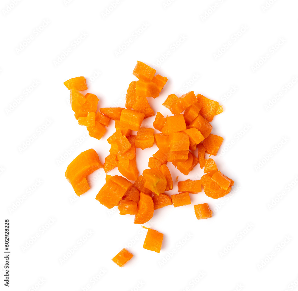 Boiled Chopped Carrot Isolated, Cooked Diced Carrots, Prepared Vegetables Cut Pile, Healthy Diet Ingredient, Chopped Carrot on White Background Boiled Chopped Carrot Isolated, Cooked Diced Carrots, Prepared Vegetables Cut Pile, Healthy Diet Ingredient, Chopped Carrot on White Background
