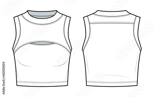 Cut out Athleisure Tank Top technical fashion illustration. Tank Top template vector illustration. front and back view. white colour. CAD mockup set.	