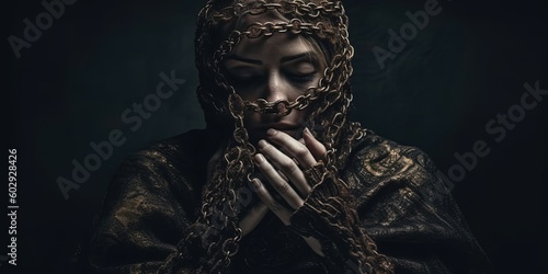Muslim girl in chains. Girl tied with chains the concept of unfreedom. Generative AI