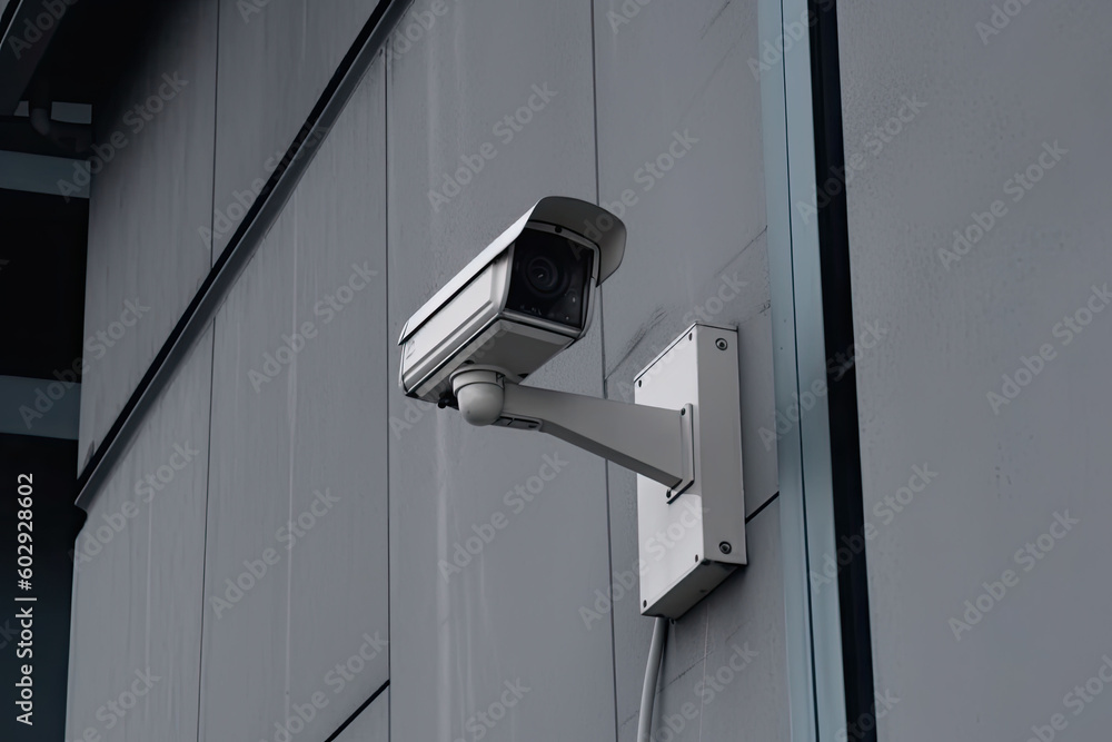 Security camera on modern building. CCTV on the wall in the city. Generative AI Security camera on modern building. CCTV on the wall in the city. Generative AI