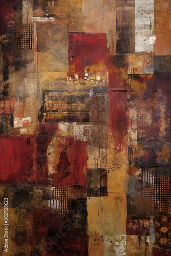 Urban Tapestry: A Vibrant Patchwork of Modern Grunge in Red and Sepia AI generated © artefacti