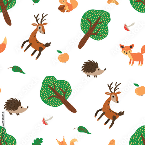 Seamless pattern with forest animals. Fox, deer, hedgehog, squirrel. Design for fabric, textile, wallpaper, packaging.