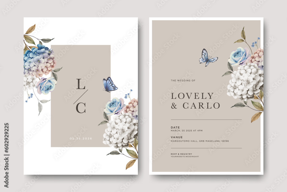 beautiful wedding card template with flowers and cute butterfly