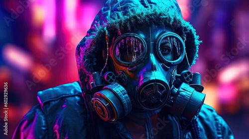 Closeup of a soldier wearing camouflage fatigues and a gas mask. A stalker face in gas mask with filter and red and blue highlights on background. Generative AI