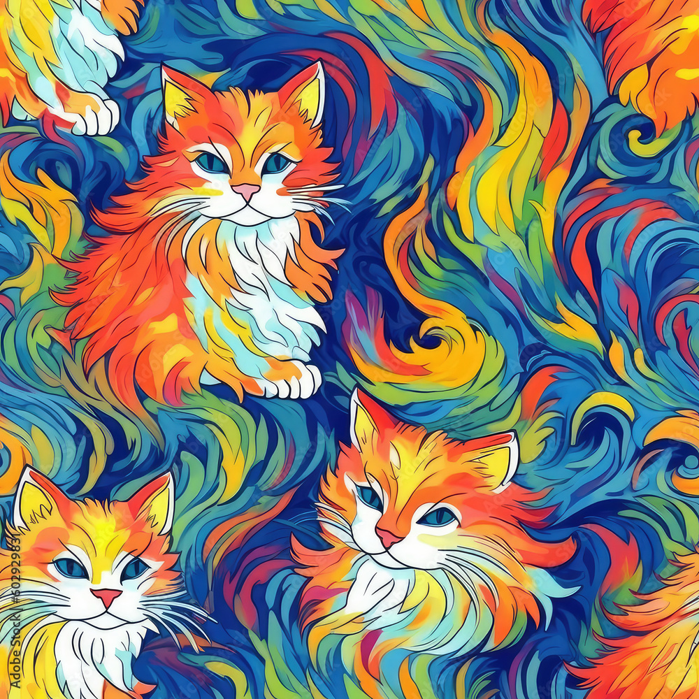 Fototapeta Impressionism cats repeat pattern - colorful pastel colors, abstract art 