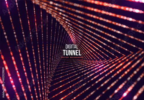 Triangle portal with light effects. Neon particles tunnel. Abstract technology background. Vector illustration.