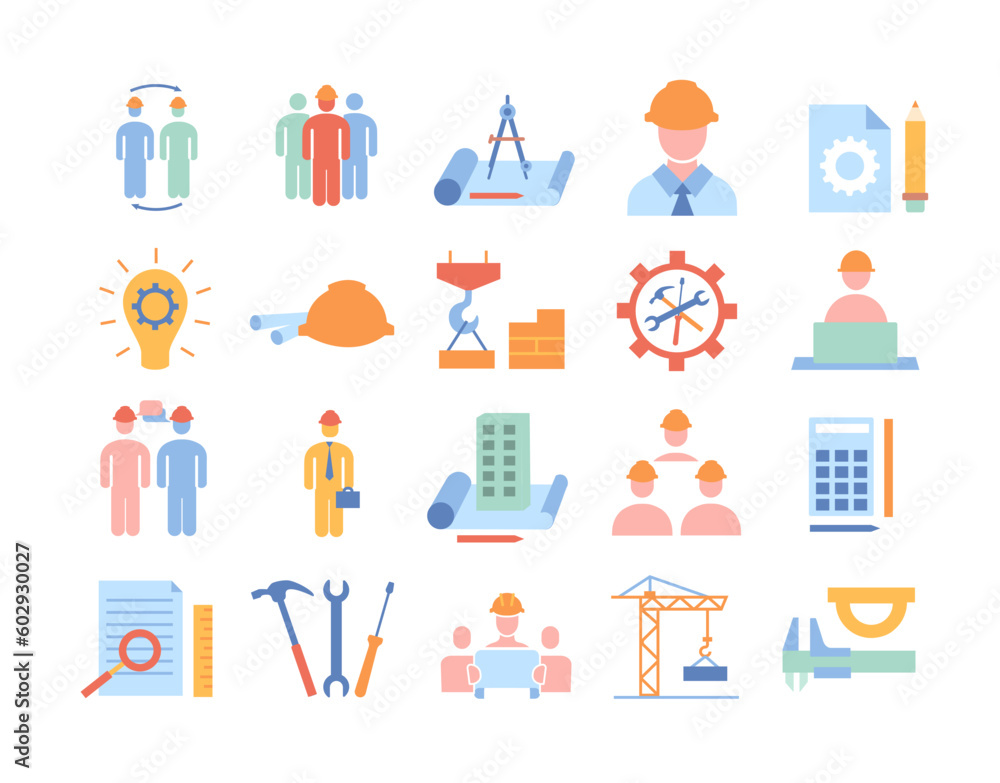 Color engineer icons set. Collection of graphic elements for website. Construction and engineering, urban architecture and manufacturing. Flat vector illustrations isolated on white background Color engineer icons set. Collection of graphic elements for website. Construction and engineering, urban architecture and manufacturing. Flat vector illustrations isolated on white background