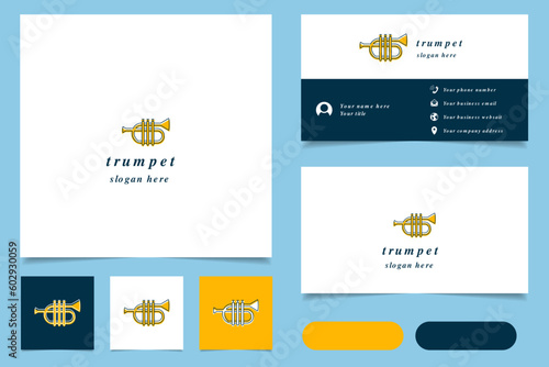 Trumpet logo design with editable slogan. Branding book and business card template.