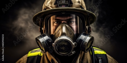 Closeup firefighter with respirator on face on black background. Generative AI