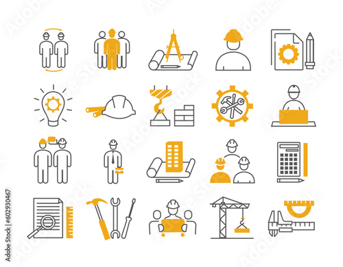 Color engineer icons set. Worker in protective helmet, drawing with tools, compasses and pencil. Building and crane with bricks, coghweel. Flat vector illustrations isolated on white background
