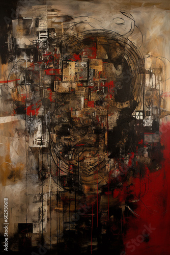 Harmonious Fusion: A Captivating Red and Sepia Ink Oil Painting in the Style of Eclectic Montage AI generated