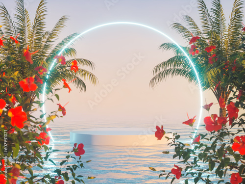 Tropical summer scene with a podium for product display. 3d rendering.