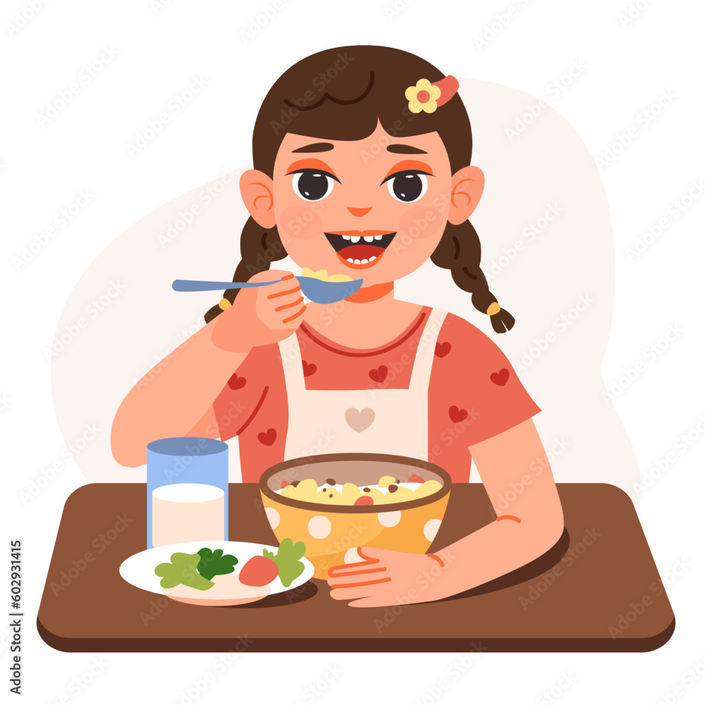 Baby girl eats porridge for breakfast. Childs nutrition. Flat vector illustration Baby girl eats porridge for breakfast. Childs nutrition. Flat vector illustration