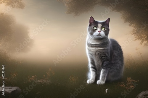 Grey evening cat outdoors , 8k - generative ai