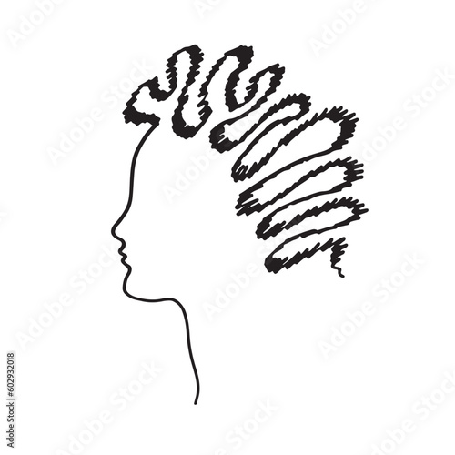 Female face hand-drawn doodle. Woman profile with the hairstyle. Suitable for barbershop design, postcards, print, emblems, and logos. Vector illustration.