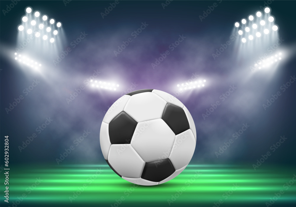 Naklejka premium Soccer ball on a stadium background illuminated by spotlights. Vector illustration.