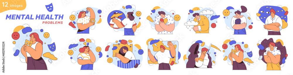 Set of people during mental therapy, flat cartoon mental health problems set. Vector sessions with psychotherapists or psychologists practicing different psychotherapy approaches illustrations