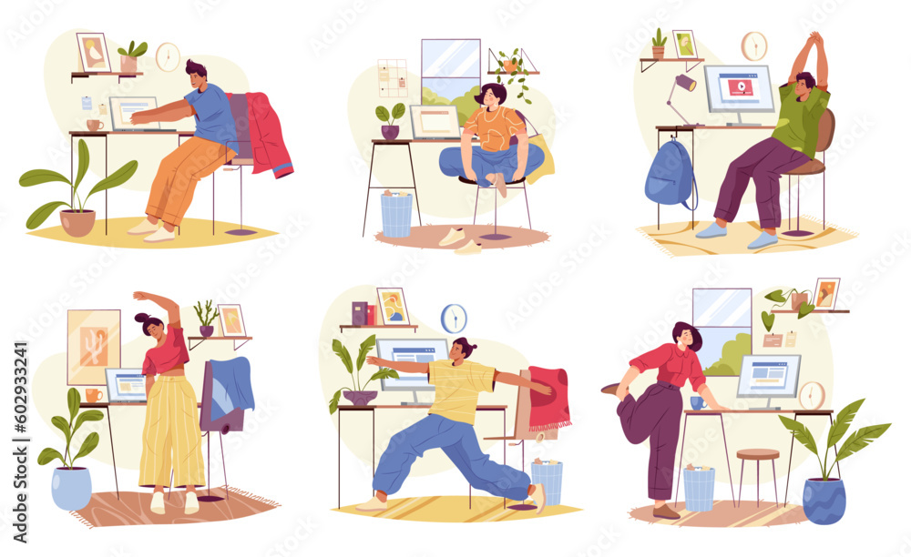 Employees working from home or office stretching. Cartoon characters, vector in flat style. People doing small exercises at workplace to get rest and relaxation. Removing tension and muscle soreness