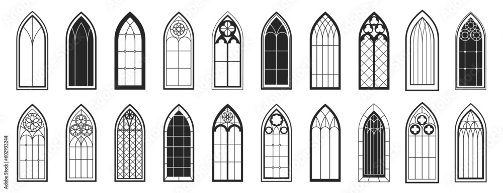 Gothic windows outline set. Vector illustration of vintage stained glass church frames, black silhouette icon. Element of traditional european architecture, cathedral windows - obrazy, fototapety, plakaty 