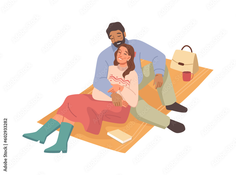 Couple enjoying romantic picnic date flat cartoon vector characters. Simple style illustration of man and woman sitting on plaid and hugging, coffee cup, bag and book, autumn fall mood Couple enjoying romantic picnic date flat cartoon vector characters. Simple style illustration of man and woman sitting on plaid and hugging, coffee cup, bag and book, autumn fall mood