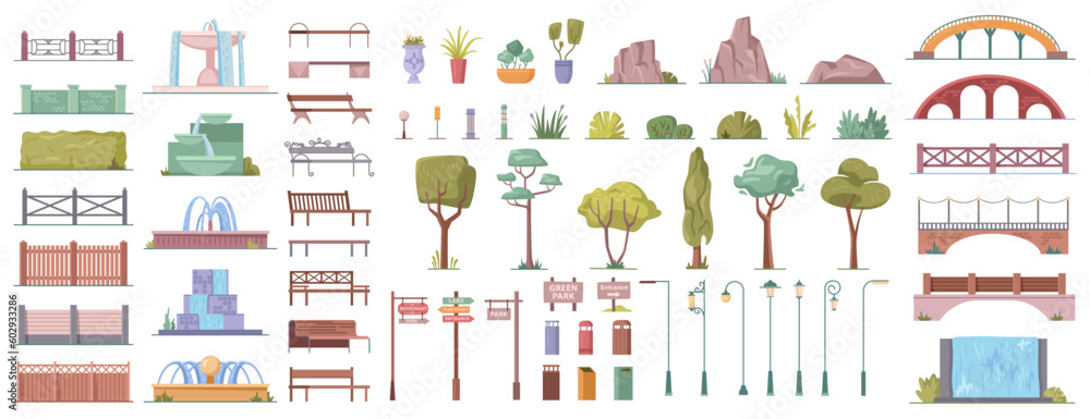 City park elements cartoon set of summer trees and bushes, bridges and benches, street lights and fences, fountains and stones buildings, grass isolated vector illustration icons - obrazy, fototapety, plakaty 