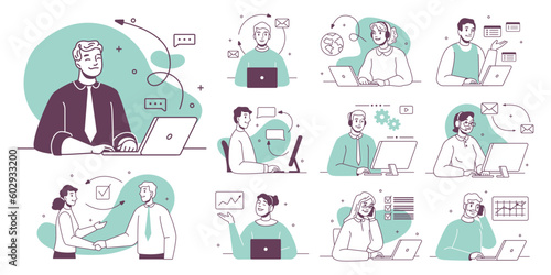 Call center, hotline flat vector illustrations flat cartoon set. Smiling office workers with headsets characters. Customer support department staff, telemarketing agents, teamwork cooperation